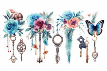 Set Watercolor Illustration With Roses And Other Flowers, Keys And Feathers. Flat Hand-drawn Illustration Isolated On White Background. Generative AI