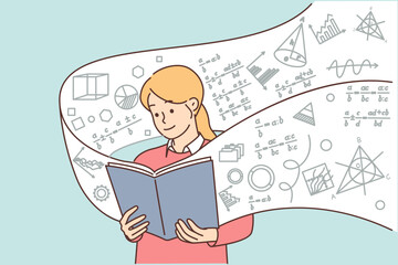 Girl student with book on algebra studies exact mathematical sciences, wanting to prove theorem