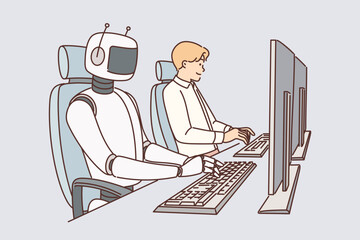 Robot works on computer and among people for concept introducing artificial intelligence in business