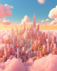 The landscape of the fairy-tale city of skyscrapers and tall buildings in pastel pink clouds. A fantasy destination from a bird's eye view. Generative AI.
