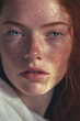 © Uncanny Valley - Close-up portrait of a young beautiful girl, face full of small freckles. Romantic portrait of a redhead with blue eyes. Generative AI.