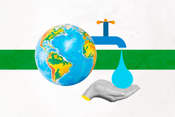 Poster - World water day collage concept planet earth collect water resources liquid drop global warming changes life isolated on white background