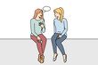 © Dzianis Vasilyeu - Happy girls sitting talking with speech bubble above head. Smiling women have conversation engaged in interesting discussion. Communication. Vector illustration.