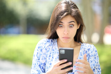 Wall Mural - Perplexed woman checking phone in the street