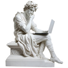 Classic Gypsum Statue Of Man Using A Laptop For IT Isolated. Generative Ai Art