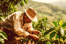 Old Man Picking Coffee From A Coffee Plantation In South America