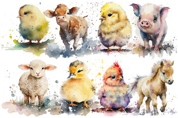 Canvas Print - Safari Animal set chicken, cow, pig, chicken, sheep, horse, rooster, duckling in watercolor style. Isolated Generative AI