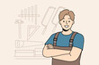 Smiling male carpenter in unform and glasses in workshop. Happy craftsman posing in woodwork workroom. Vector illustration. 