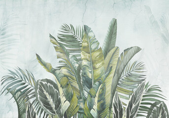 big banana leaves. grunge photo wallpaper with golden abstract elements on concrete background. illu