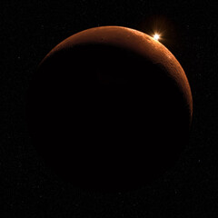 Wall Mural - red planet and rising sun against dark starry night background