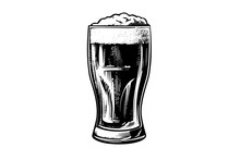 Glass Of Beer Engraving Style. Hand Drawn Black Color Vintage Vector Illustration.