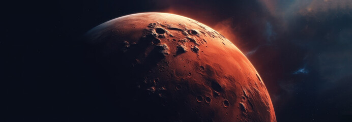 Wall Mural - banner poster planet moon mars in space on a dark background cinematic photo space for text copy spa