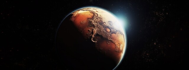 Wall Mural - banner poster planet moon mars in space on a dark background cinematic photo space for text copy spa