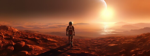 Wall Mural - one astronaut in a spacesuit on another planet banner poster planet moon mars in space on a dark bac