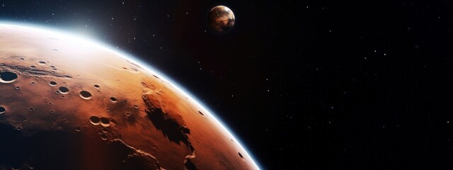 Wall Mural - banner poster big and small planet moon mars in space on a dark background cinematic photo space for