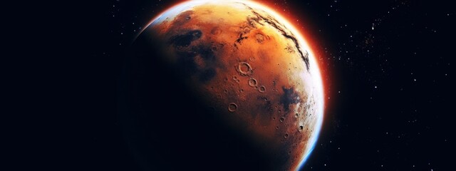 Wall Mural - banner poster planet moon mars in space on a dark background cinematic photo space for text copy spa