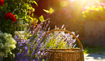Wall Mural - art blooming flowers near the rural house in provence; summer countryside background