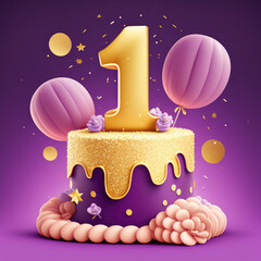 Wall Mural - purple birthday with golden icing and giant number 1 on purple background surrounded by balloons balloons generative ai