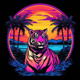 Fototapeta  - Tiger artwork with neon vibes and sunset backdrop
Vaporwave-inspired  Neon-lit tiger art