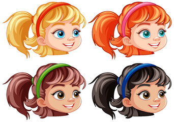 Sticker - Set of girl cartoon head different hair colour