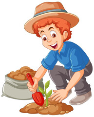 Poster - Farmer planting small plant on the ground isolated