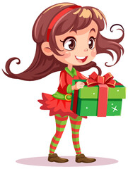 Sticker - Elf girl cartoon Christmas character holding gift