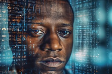 business businessman office meeting man portrait digital technology code computer internet information cyber binary security communication, created using generative ai technology