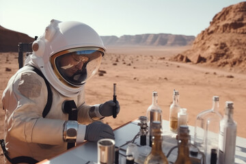 Poster - astronaut doing science experiments on alien planet. generative ai