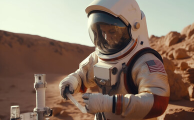 Poster - astronaut doing science experiments on alien planet. generative ai