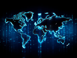 Digital world map background, earth network. Worldmap in neon light blue display screen, worldwide connection and telecommunication technology. Ai generative illustration