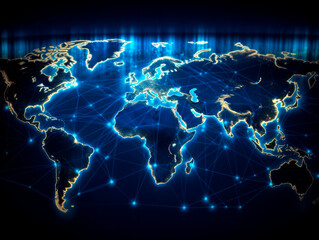 Wall Mural - Digital world map background, earth network. Worldmap in neon light blue display screen, worldwide connection and telecommunication technology. Ai generative illustration