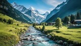 Fototapeta Uliczki - Switzerland Landscape Illustration Wallpaper created with Generative AI Technology