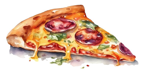 Watercolor drawing of delicious pizza slice, cut out. Based on Generative AI