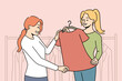 © Dzianis Vasilyeu - Smiling consultant help client with clothes choose in store. Woman buy apparel in boutique. Fashion and consumerism. Vector illustration.