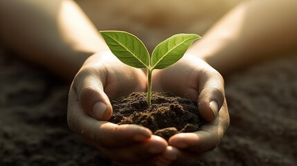 Hands holding a new green plant. Generative AI