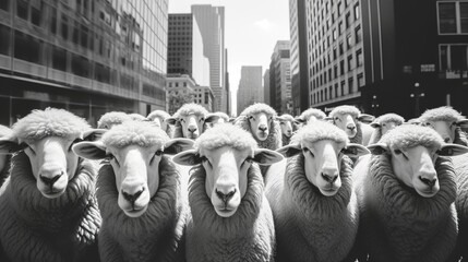 Wall Mural - A group of sheep walking in the city, Generative AI