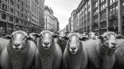 Wall Mural - A group of sheep walking in the city, Generative AI