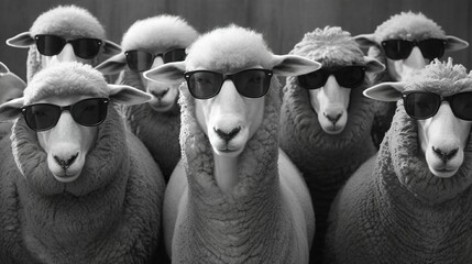 Wall Mural - A group of sheep wearing sunglasses and walking in the city, Generative AI