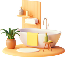 Wall Mural - Vector modern bathroom with white bathtub illustration. Wooden shelves, plant in flowerpot and stool