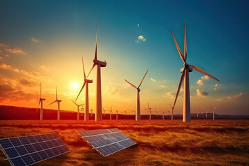 solar panels and wind turbines at sunset. renewable energy concept