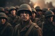 A powerful image showcasing a group of soldiers during second world war, standing together in a pose that represents unity, camaraderie, and resilience. Generative Ai