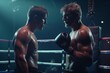 © bluebeat76 - A dramatic image showcasing of boxer receiving advice in the corner of the boxing ring between rounds. Generative AI