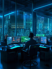 Cyber security expert on a futuristic space, created with Generative AI technology