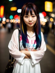 Wall Mural - Young asian woman with colorful hair standing at evening street. Generative AI