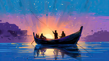 Colorful Painting Art Of Fishermen Riding In A Fishing Boat On The Sea Of ​​Galilee. Christian Illustration.