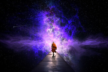 Wall Mural - Buddhist monk looking at the universe. AI generative