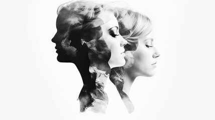 Double exposure black and white portrait of woman with personality disorder in profile faces. Generative AI.