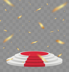 Aufkleber - Empty white stage with red carpet and with gold confetti. Winner vector background