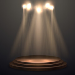 Aufkleber - Spotlights With Stage. Gold Light Vector Effect. Round Podium And Light Rays.