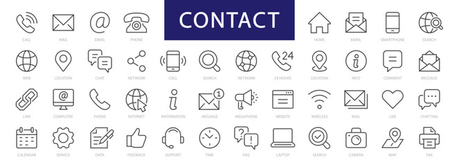 Poster - Contact thin line icons set. Basic Contact icon. Contact editable stroke icons collection. Phone, Mail, Address, Web icon. Vector